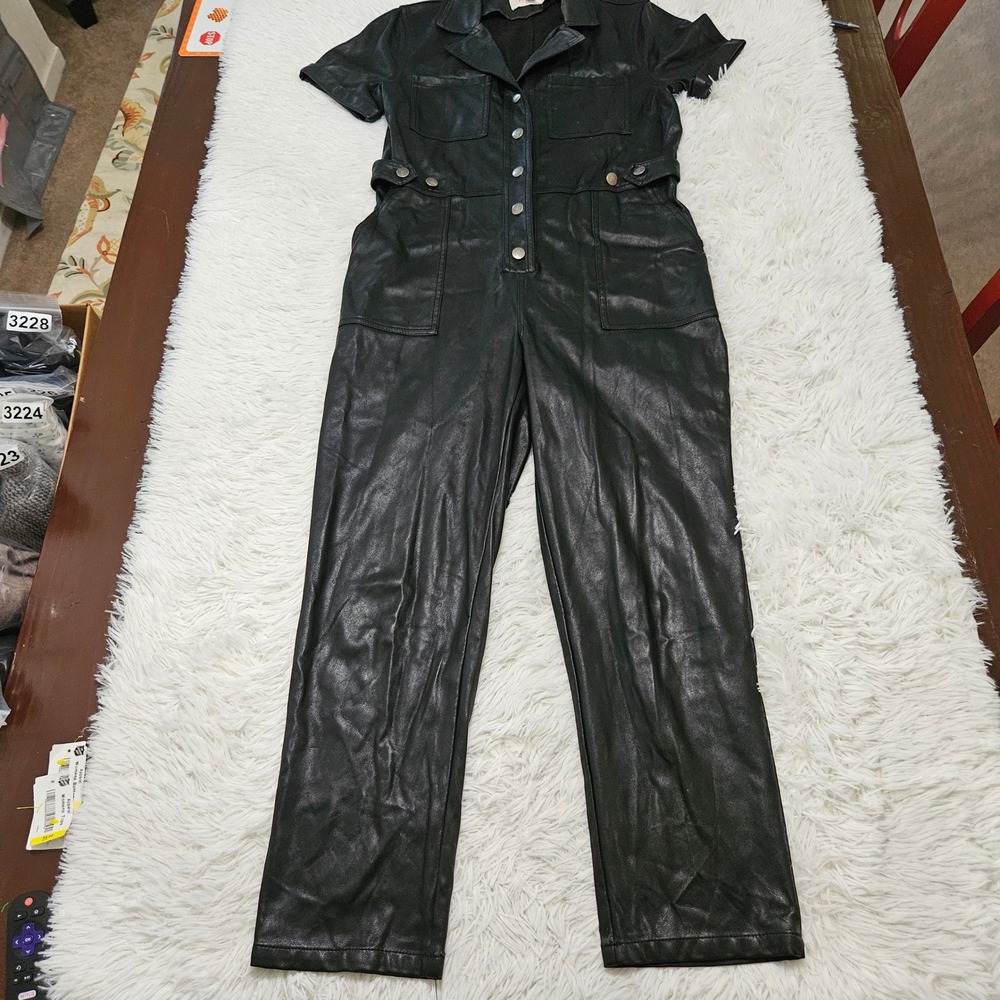 MINKPINK Faux Leather Short Sleeve Utility Jumpsuit Black Sz M Edgy Streetwear